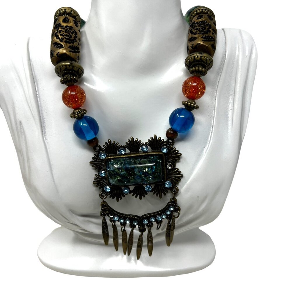 Statement Necklace Blue Medallion Orange Beads Gold‎ Tone 26 inch Flaw